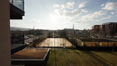 View-from-the-terraces-of-new-modern-apartments-in-a-residential-complex-with-soccer-field
