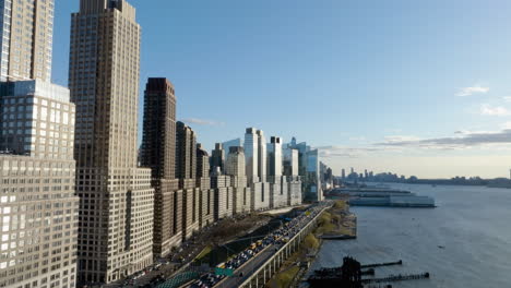 Aerial-view-of-the-Riverside-boulevard-high-rise-condos,-sunny-spring-day-in-NY,-USA