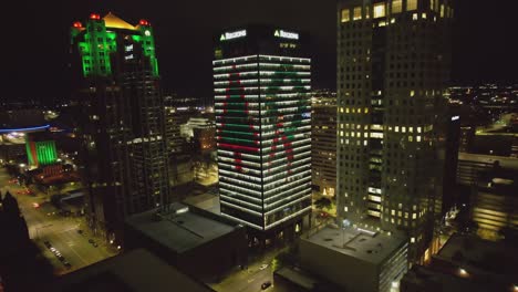 Aerial-of-Region's-Christmas-display-at-night-in-downtown-Birmingham,-Alabama