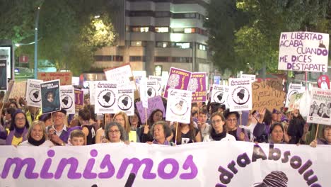 Murcia-Spain---March-8-2023:-Women's-Day-demonstration,-parade-at-Gran-Via-street-in-Murcia-city-where-lots-of-women-ask-for-equality,-freedom-and-human-rights