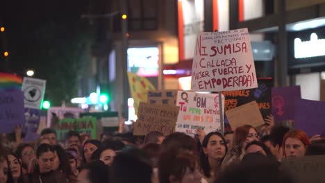 Murcia-Spain---March-8-2023:-Women's-Day-demonstration,-parade-at-Gran-Via-street-in-Murcia-city-where-lots-of-women-ask-for-equality,-freedom-and-human-rights