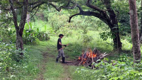 Arborist-adding-cut-wood-to-a-fire-pit-in-Caimito-district,-Panama-Province,-Panama