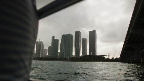 Waterfront-shot-of-skyscrapers-in-a-city-under-a-cloudy-grey-sky