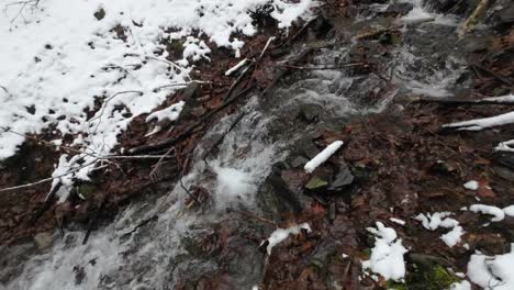 Pan-along-a-creek-flowing-through-wintery-forest-in-Thuringia-on-a-steep-hill