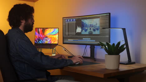 Timelapse-busy-young-adult-video-editor-working-on-content-footage-production-in-studio-workspace
