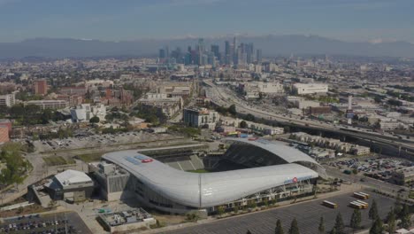 Gorgeous-Aerial-BMO-Soccer-Stadium-in-Los-Angeles-with-Snowy-Mountains