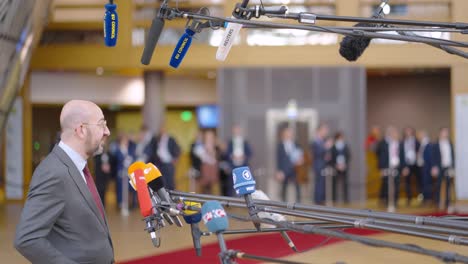 President-of-the-European-Council-Charles-Michel-giving-statement-in-the-Europa-building-in-Brussels,-Belgium