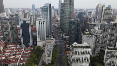 Urban-Shanghai-City-Skyline-with-No-people-during-COVID-Lockdown,-Aerial