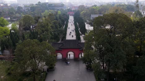 Tomb-of-Liu-Xiang,-Cinematic-Tilt-up-Aerial-Revealing-Chengdu,-China