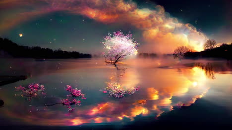 Animation-of-a-Japanese-cherry-tree-blooming-in-the-middle-of-a-lake,-scenic-animation-of-a-landscape-in-japan