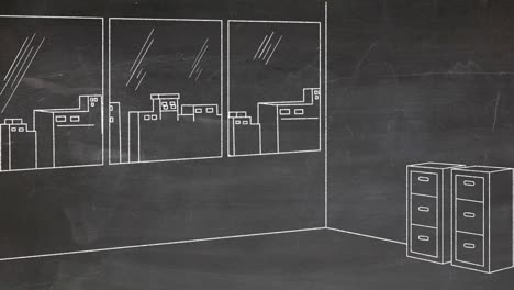 Time-lapse-of-person-drawing-a-marketing-office-on-a-blackboard-with-white-chalk,-business-concept