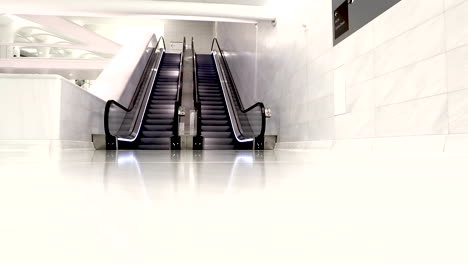 White-and-black-Background-of-an-isolated-escalator-with-no-people-at-a-mall,-backdrop-with-copy-space