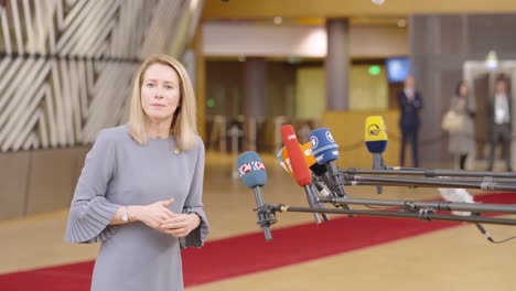 Prime-Minister-of-Estonia-Kaja-Kallas-during-EU-summit-in-the-European-Council-building---Brussels,-Belgium