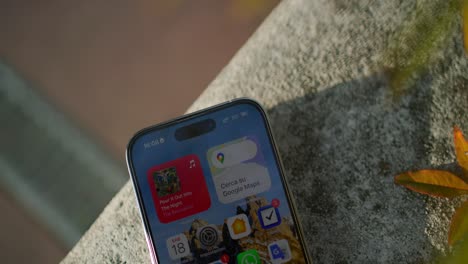 Overhead-View-Through-Foliage-Of-iPhone-14pro-Resting-On-Stone-Wall