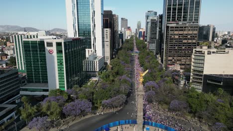 Aerial-view-March-8th-Women's-Day-march,-on-Paseo-de-la-Reforma,-Mexico-City,-8-march-2023