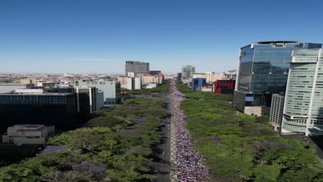 Aerial-view-of-International-Women's-Day-in-Mexico-on-Paseo-de-la-Reforma,-Mexico-City