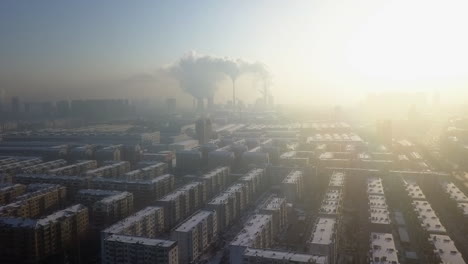 Atmospheric-air-pollution,-fog-and-smog-in-winter-city,-Harbin-China