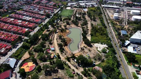 Drone-view-of-city-park-construction-site-under-construction,-Mexico