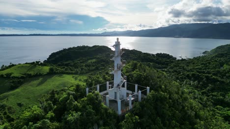 360-Tiny-Planet-Effect-used-on-Aerial-View-of-idyllic-white-lighthouse-atop-a-forest-covered-mountain-in-a-breathtaking-island
