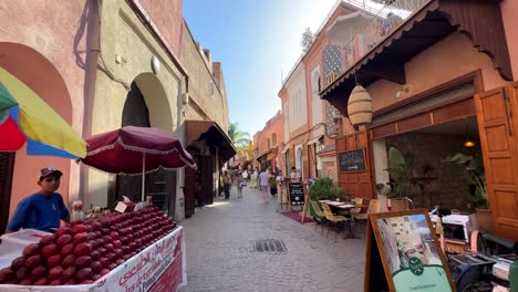 Walking-through-streets-of-Marrakesh-in-Morocco-with-shops-and-market