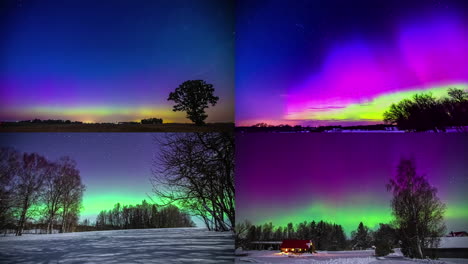 Magical-aurora-borealis-sky-in-4-different-views,-fusion-time-lapse