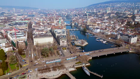 Aerial-of-Zurich-Limmat-River-and-cityscape-and-traffic