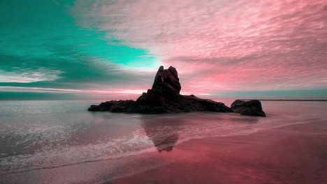 Aesthetic-beach-view-with-blue-and-pink-sky,-colorful-moment-in-natural-environment-of-seascape,-untouched-nature-concept