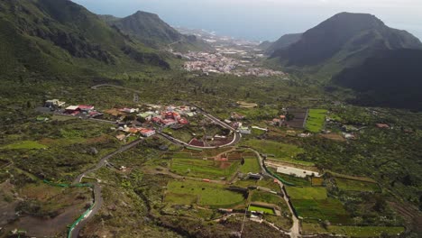 Aerial-dolly-in-throughout-the-jurassic-subtropical-rural-landscape-of-Tenerife-in-Canary-Islands,-Spain