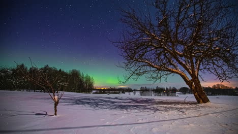 Colorful-northern-lights-moving-over-the-horizon-at-night-full-with-stars