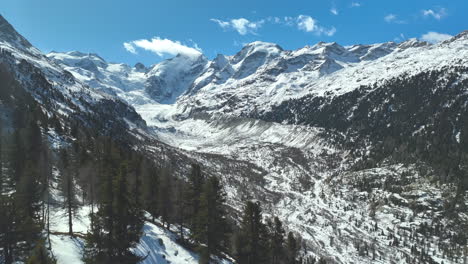 Drohnen-Dolley-Schwenkaufnahme-über-Einem-Kiefernwald-Mit-Toller-Aussicht-Auf-Einen-Gletscher-In-Der-Schweiz