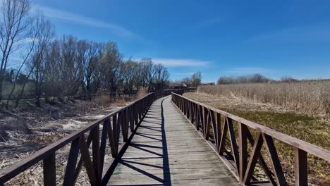 Walking-on-a-wooden-footbridge-over-a-swamp-in-a-nature-park,-pov