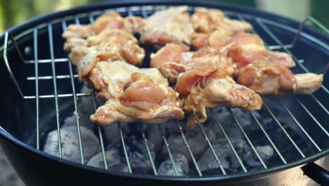Raw-chicken-pieces-cooking-on-charcoal-home-bbq-grill