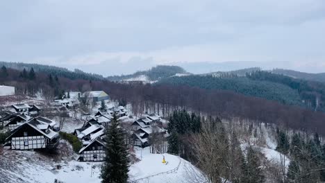 Pan-from-a-winter-forest-to-a-small-village-with-snow-covered-houses-in-winter