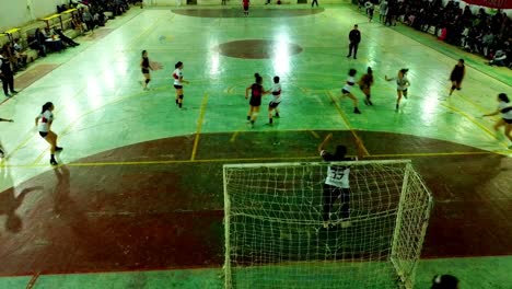 Statische-Aufnahme-Einer-Jungen-Mädchenmannschaft,-Die-Ein-Handballspiel-Im-Offiziellen-Gericht,-Paraguay,-Spielt
