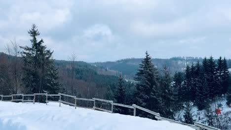 View-of-a-snowy-white-landscape-with-fir-trees-and-a-wooden-fence-in-the-foreground