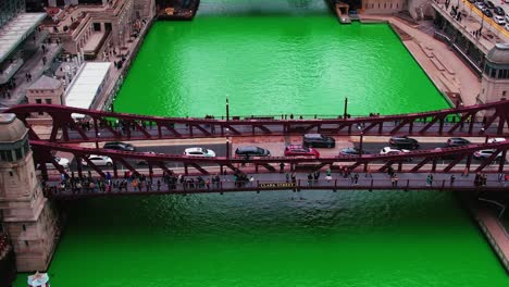 angled-down-aerial-push-in-Chicago,-Illinois-during-the-St