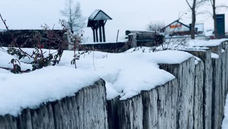 Wooden-wall-border-with-small-plants-covered-by-snow-with-small-driveway-with-roof-in-the-background