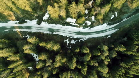 Von-Schnee-Gefrorene-Straße,-Umgeben-Von-Einem-Wald-Mit-Winterbäumen
