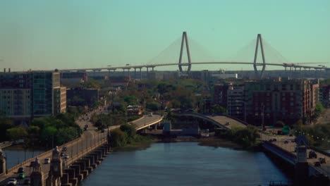 Zoom-in-aerial-of-Charleston-South-Carolina-and-Arthur-Ravenel-Bridge