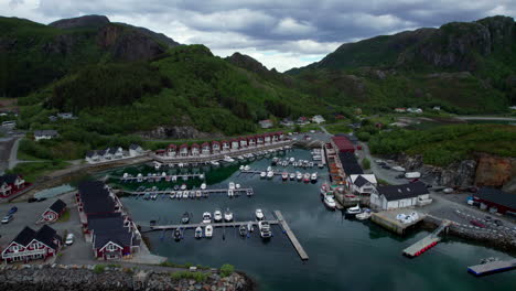 Forwarding-Aerial-Shot-of-Tonnes-Harbor-with-dramatic-sky-during-summer-in-Northern-Scandinavia