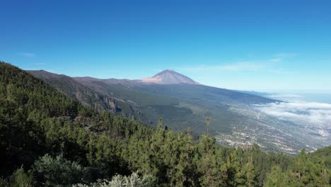 Teide-National-Park-And-Mount-Teide-In-The-Distance,-Green-Forest,-White-Clouds,-Blue-Sky