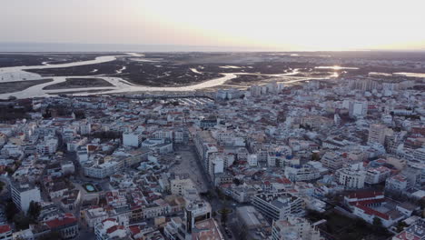View-of-city-of-Faro-at-sunset,-Portugal