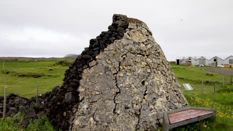 Selatandar-ruins-in-Grindavik,-Iceland-with-gimbal-video-moving-in-slow-motion