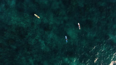 Absteigende-Vogelperspektive-Auf-Surfer,-Die-Auf-Wellen-Warten