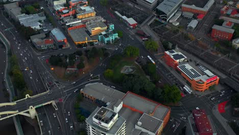 Top-View-Of-Intersections-In-Roma-Street,-Brisbane,-Queensland,-Australia---aerial-drone-shot