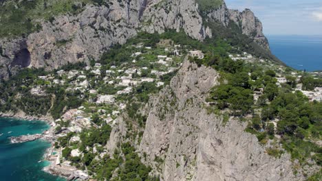 Aerial-Landscape-View-of-Tall-Cliffs-on-Exotic-Italian-Island-of-Capri