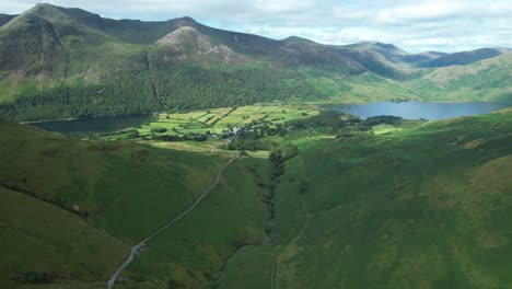 Aerial-view-from-the-Newlands-Pass-to-Buttermere,-Lake-District,-Cumbria,-UK
