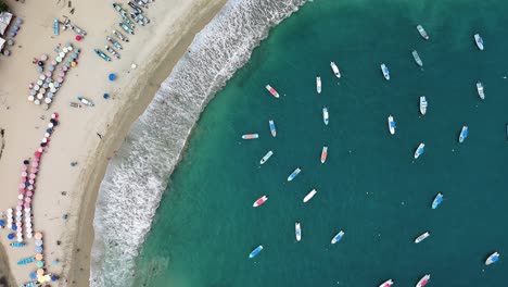Summer-Vibes-Sailing-Boats-Aerial-Drone-Top-Notch-Fly-Above-White-Sand-Beach-Sea