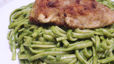 Authentic-fried-breaded-chicken-with-green-spaghetti