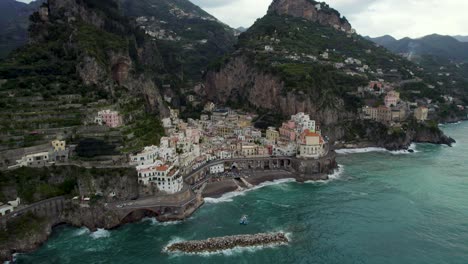 Picturesque-Coastal-Village-Town-on-Amalfi's-Beautiful-Coast,-Aerial